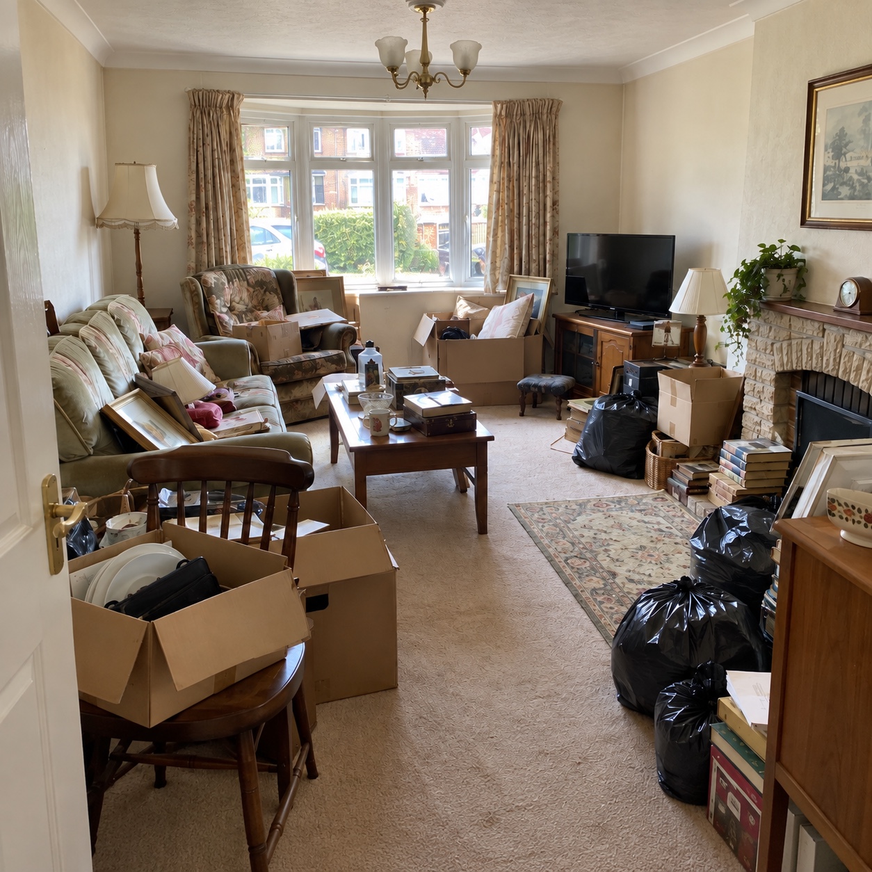 Living room before clearance, with boxes, bags and furniture